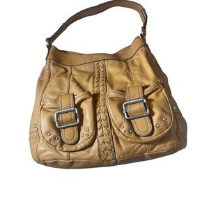 Tignanello Camel Pebbled Leather Boho Shoulder Bag with Braided Detail